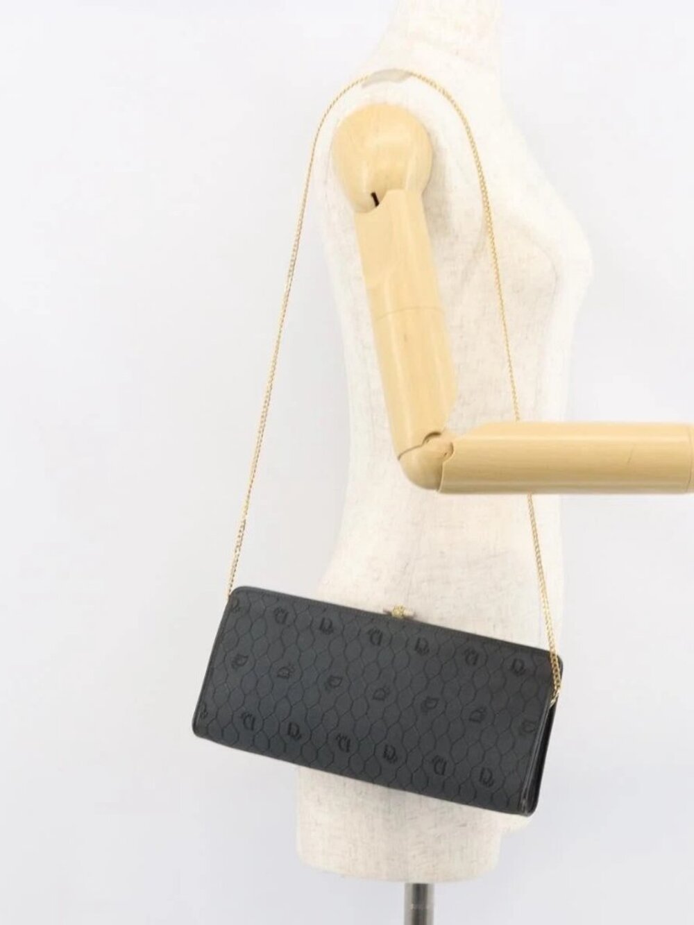 Christian Dior Honeycomb Canvas Chain Shoulder Bag Black Gold